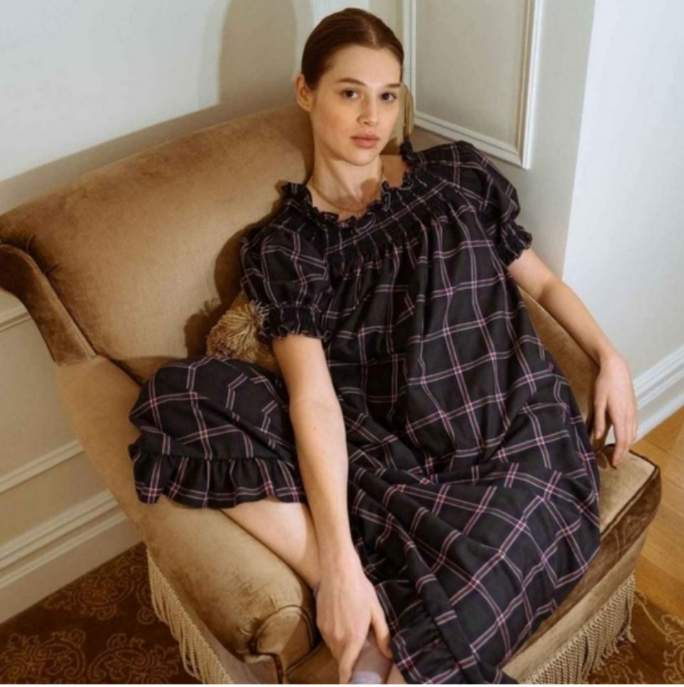 Hill House home rare tartan flannel plaid Caroline nap dress with smocking green